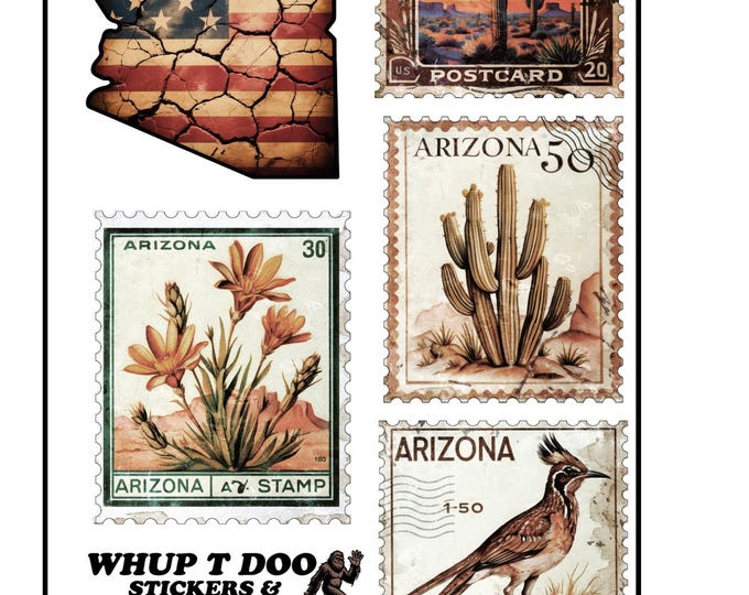 Arizona Stamp Stickers: Desert Landscape, Roadrunner, Cactus, Flag Map Vinyl Decals