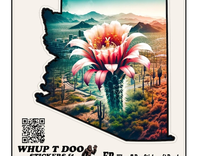 Arizona state map with desert scenery and a flower various size stickers