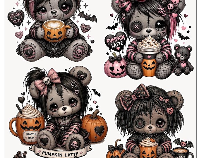Gothic Halloween Bear sticker sheets , Spooky emo ,high quality vinyl, 3 size options - 1/2/3” using yeti, cups, laptop, scrapbook