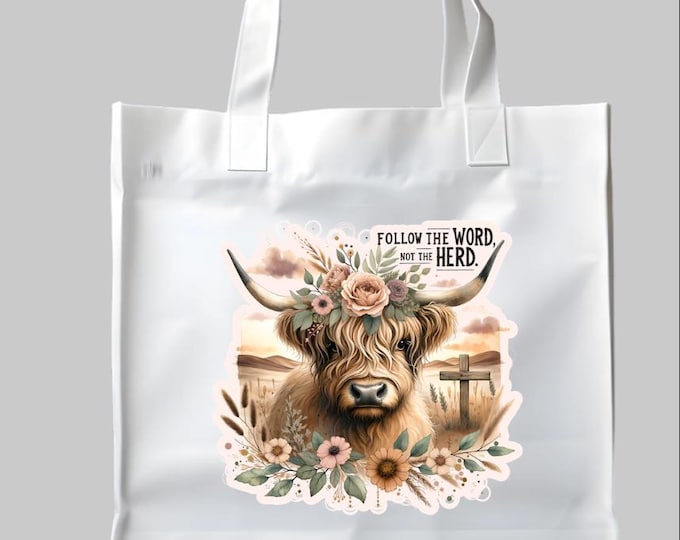 Decorative rustic highland cow bag with handles, 15 x 16 cotton medium tote, natural color shopping bag with printed cute farm cow.
