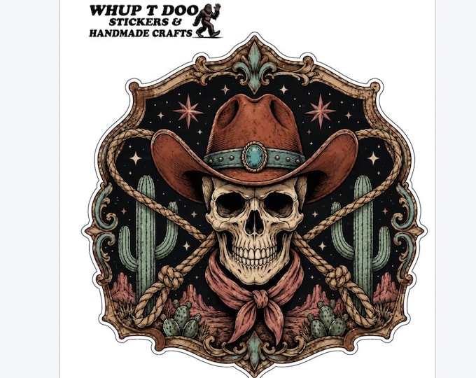 Cowboy Skull vinyl Sticker/ Western Desert Scene Decal/ Skeleton Wearing Cowboy Hat with Cactus, UV Weatherproof Hydro-Flask Decal