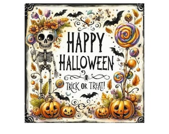 Happy Halloween , trick or treat Print: Skeleton with Lollipop tree. Canvas print then Wrapped around wood frame or a Hanging Magnetic Frame