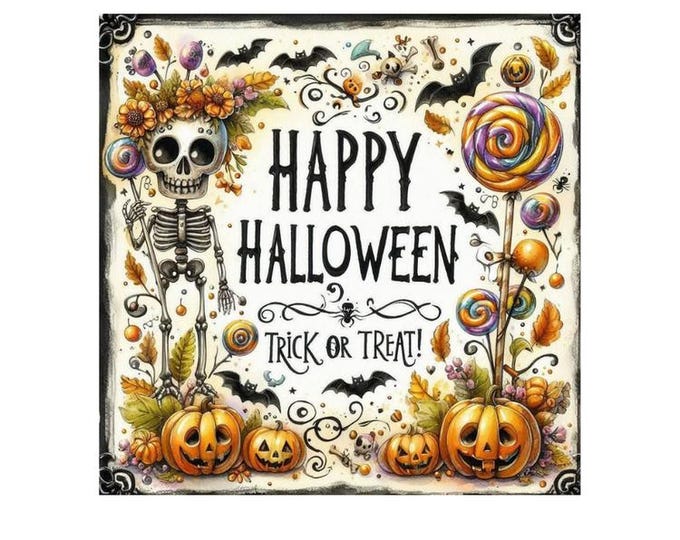Happy Halloween , trick or treat Print: Skeleton with Lollipop tree. Canvas print then Wrapped around wood frame or a Hanging Magnetic Frame