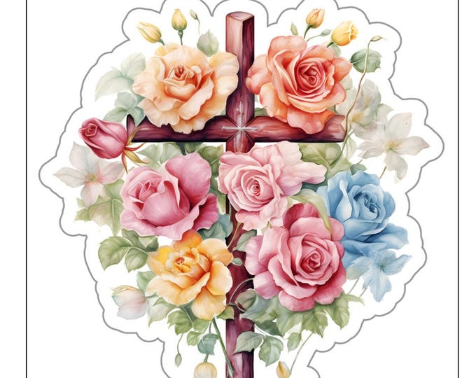 Floral Cross  high quality UV vinyl stickers/ show your faith w multicolor roses applied to car windows, laptop, yeti/Religious decals