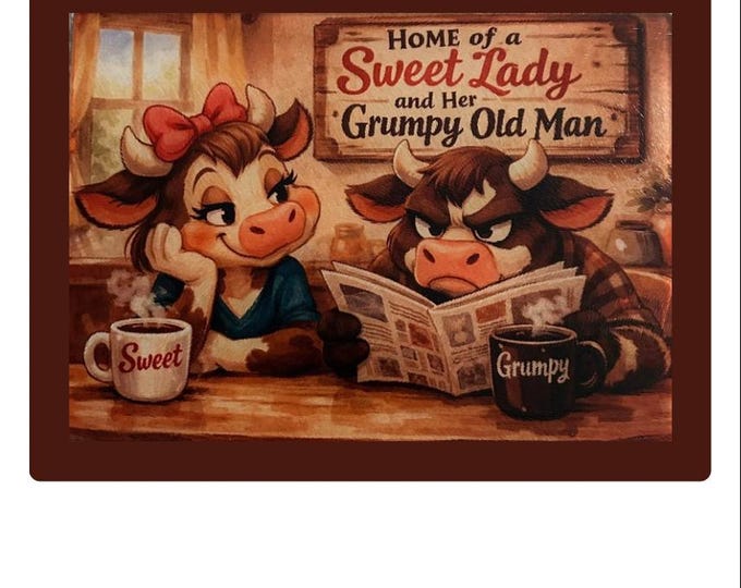 Farmhouse Cow Couple Print – Sweet Lady Grumpy Old Man Rustic Decor on a high quality canvas wrapped on a wood frame ,size options
