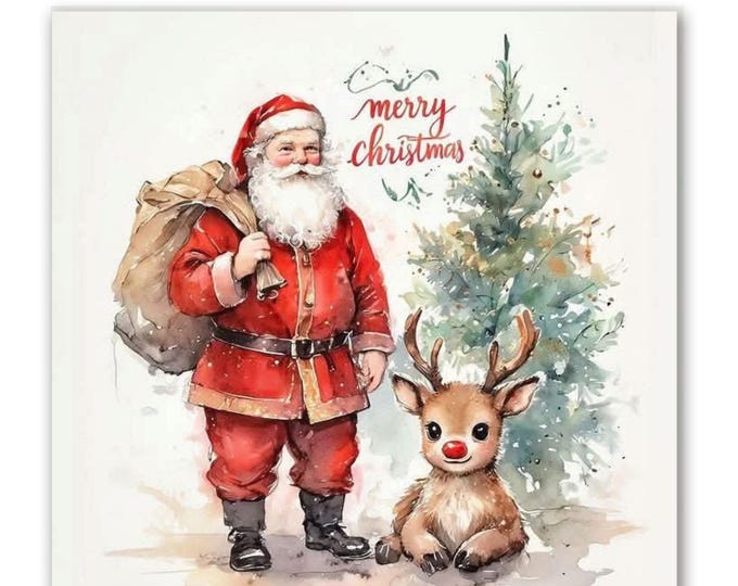 Santa Claus Canvas Print: Happy Holidays Highland Cow Festive Watercolor Wall Art Home Decor 4 design option with 4 sizes