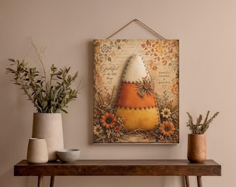 Vintage Candy Corn Canvas Wall Art, Rustic  Fall Decor, Country Autumn Patchwork Sunflower sign, Wrapped Canvas Thanksgiving Farmhouse Gift
