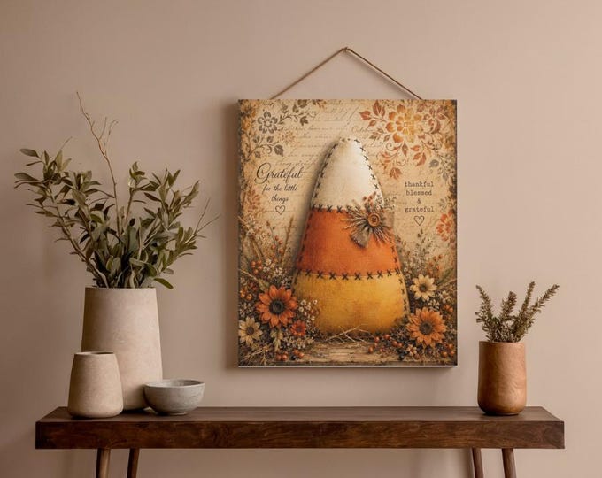 Vintage Candy Corn Canvas Wall Art, Rustic  Fall Decor, Country Autumn Patchwork Sunflower sign, Wrapped Canvas Thanksgiving Farmhouse Gift
