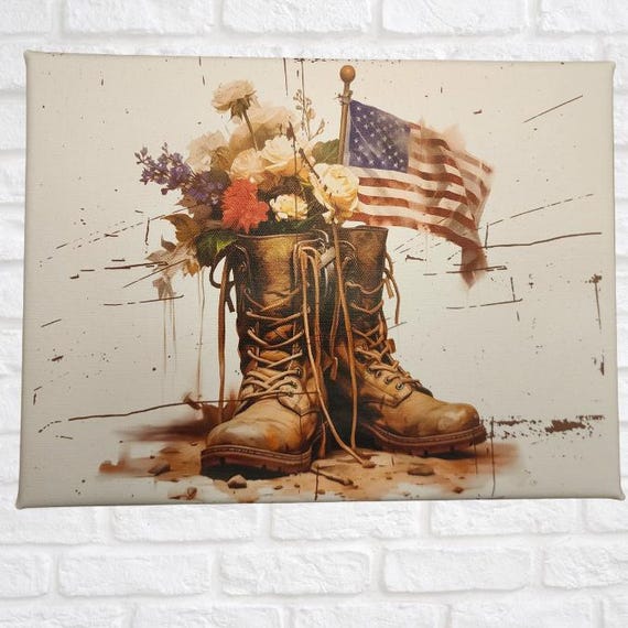Military Combat boots Canvas wrapped frame with flower and flag