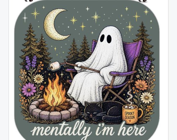 Halloween stickers, “Mentally I Am Here” and Raven in the Pumpkins wearing a hat, high quality vinyl 3-6 inch options using