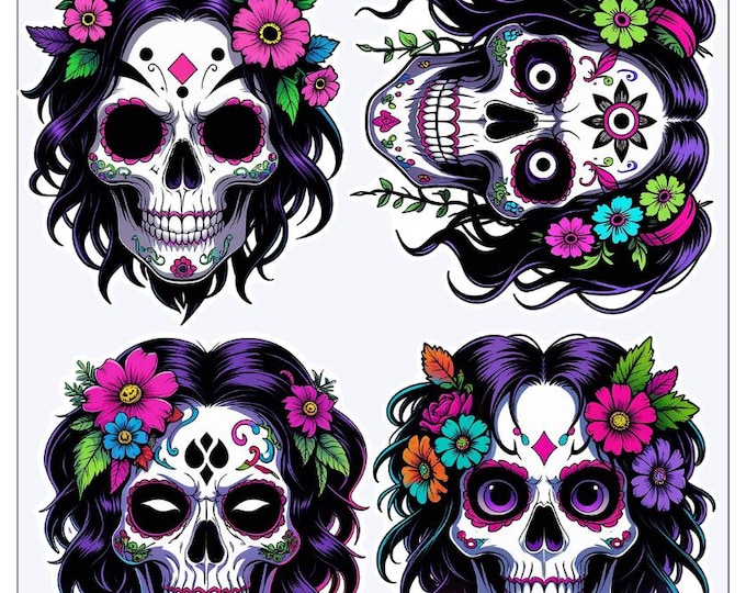 Day of the dead skull sticker sheets , high quality vinyl, 3 options - 1/2/3” decorate for Halloween using yeti, cups, laptop, scrapbook