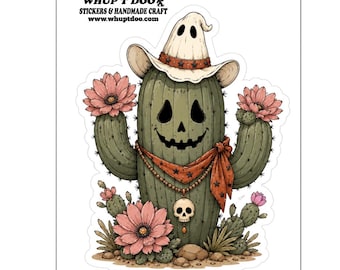 Spooky Cowboy Cactus Vinyl Sticker, Halloween Western Desert Decal, ghost Cowgirl Saguaro Sticker, Cute Autumn Jack O Lantern Laptop Decal