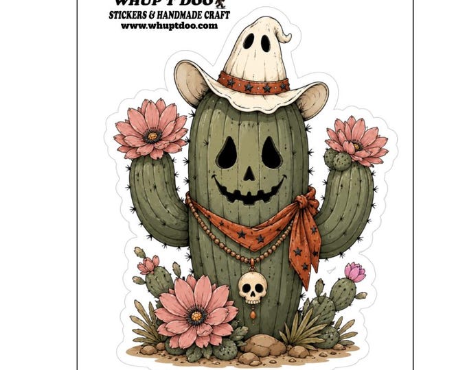 Spooky Cowboy Cactus Vinyl Sticker, Halloween Western Desert Decal, ghost Cowgirl Saguaro Sticker, Cute Autumn Jack O Lantern Laptop Decal