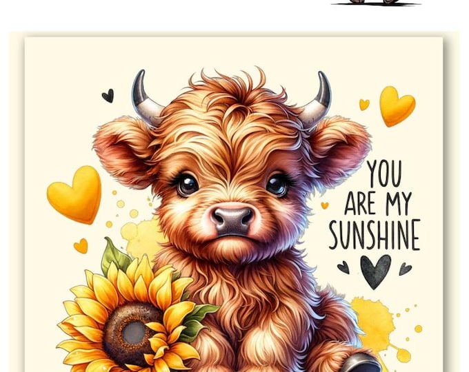 Baby Highland Cow Sunflower Canvas Print, "You Are My Sunshine" perfect for nurserys. Canvas wrapped wood frame size options