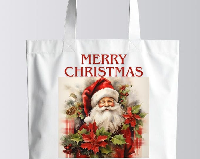 Santa bag, 2 design, Pueblo decor with donkey, 15 x 16 cotton medium tote, natural color shopping bag with printed Santa Claus
