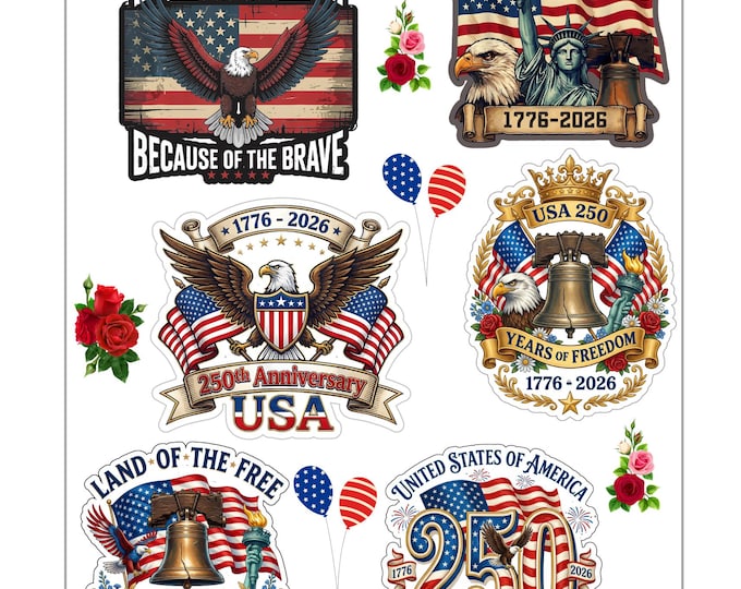 USA 250th freedom sticker sheet, patriotic with USA flag, eagle, 2” decals, red white & blue stickers for yeti, cups or tumblers