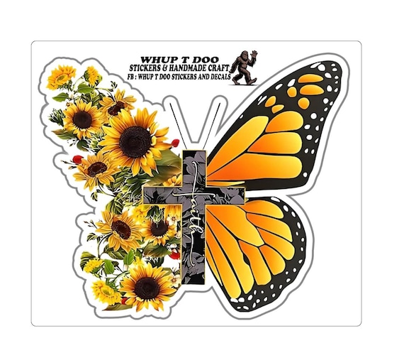 Faith Butterfly Cross decal 3-6 in, with sunflowers