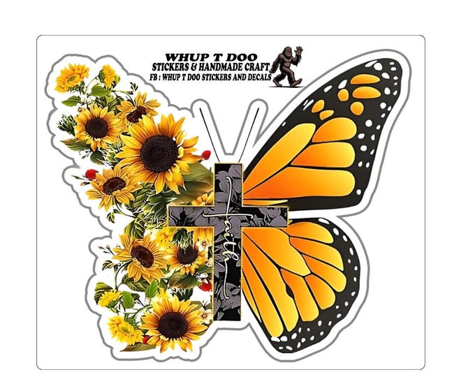 Butterfly/sunflower High Quality vinyl decals/yellow flowers, cross can be applied to car window laptop/religious sticker sizing from 3-6 in