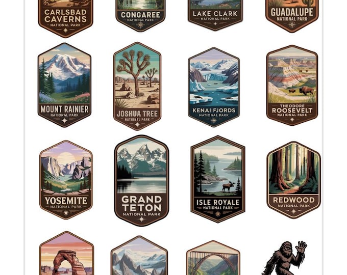 National Park Badges Sticker Sheet .56 different badges . Chose 1-4 sheets approx 15 stickers each , create your own  click to personalize