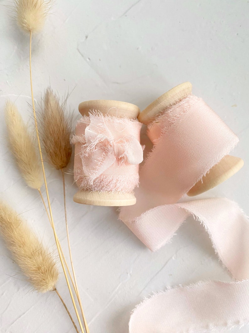 Silk Ribbon Hand Dyed Silk Ribbon 5 meter Soft Pink Colour Wedding & Floral Silk Ribbon On Wooden Spool image 3