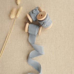 Silk Ribbon | 5 meter Hand Dyed Silk Ribbon | Dusky Blue Colour | Wedding & Floral Silk Ribbon On Wooden Spool