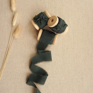 Dark Green Silk Ribbon | 5 meter Hand Dyed Silk Ribbon | Dark Green Colour | Wedding & Floral Silk Ribbon On Wooden Spool
