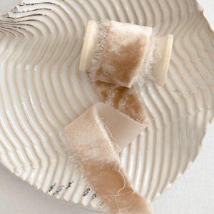 Beige Velvet Silk Ribbon | 1.35 meter Hand Dyed Velvet Frayed Edge Ribbon  | Wedding & Floral Silk Ribbon On Wooden Spool