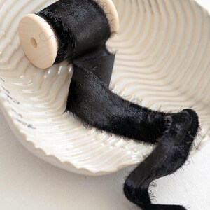 Black Velvet Silk Ribbon | Hand Dyed Velvet Frayed Edge Ribbon | 1.35 meter | Wedding & Floral Silk Ribbon On Wooden Spool