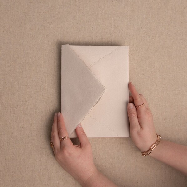 Handmade Paper Envelope In Beige | Deckle Edge Envelope | Rag Cotton Paper | Recycled Eco Envelope For Wedding Invitations