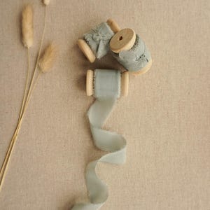 Sea Mist Silk Ribbon | 5 meter Hand Dyed Silk Ribbon | Sea Mist Colour | Wedding & Floral Silk Ribbon On Wooden Spool