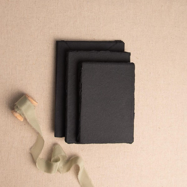 Handmade Paper Envelope In Black | Deckle Edge Envelope | Rag Cotton Paper | Recycled Eco Envelope For Wedding Invitations