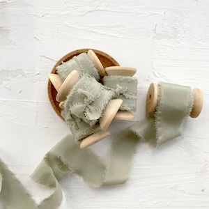 Silk Ribbon | 5 meter Hand Dyed Silk Ribbon | Sage Green Colour | Wedding & Floral Silk Ribbon On Wooden Spool