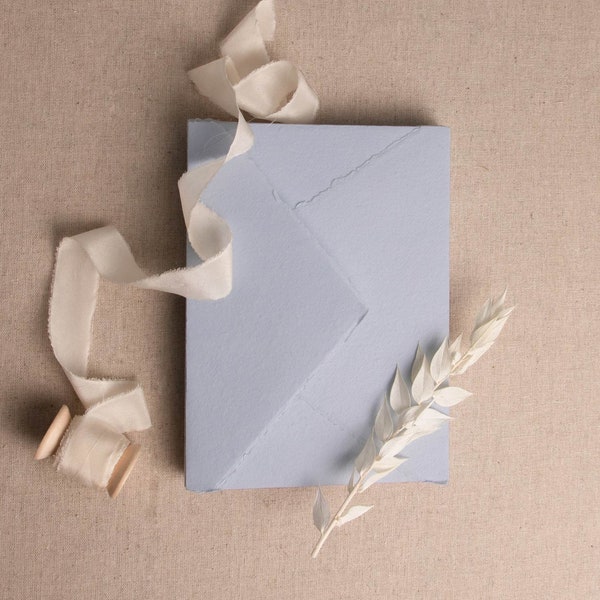 Handmade Paper Envelope In Light Blue | Deckle Edge Envelope | Rag Cotton Paper | Recycled Eco Envelope For Wedding Invitations