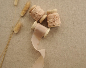 Champagne Silk Ribbon | 5 meter Hand Dyed Silk Ribbon | Champagne Colour | Wedding & Floral Silk Ribbon On Wooden Spool