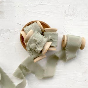 Silk Ribbon | 5 meter Hand Dyed Silk Ribbon | Sage Green Colour | Wedding & Floral Silk Ribbon On Wooden Spool