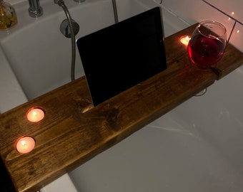 Rustic Bath Caddy, Board, Shelf, Tray |   Reclaimed Solid Wood | 3 Styles | Wine Glass, Tablet, Tealight, Coffee Cup, Holder.