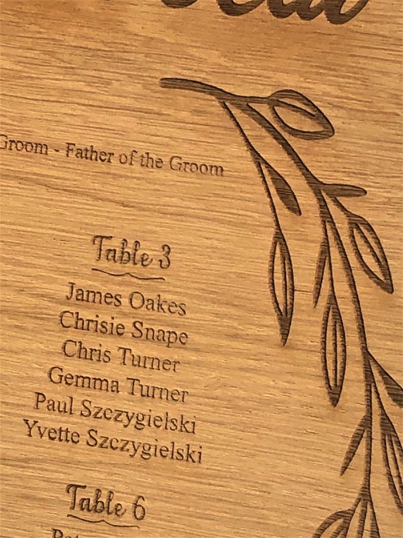 Puede incluir: Un cartel de asignaci&oacute;n de asientos de mesa de madera con un dise&ntilde;o floral. El cartel enumera los nombres de los invitados para las mesas 3 y 6. La mesa 3 incluye a James Oakes, Chrisie Snape, Chris Turner, Gemma Turner, Paul Szczygielski e Yvette Szczygielski.