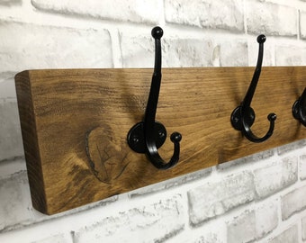 Rustic Coat Hooks | 2-8 Hooks | Handcrafted Using Solid Wood With Industrial Metal Hooks | 3cm thick |