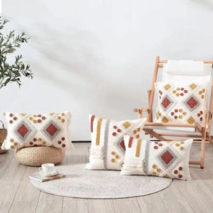 Handmade Boho Pillow Cover with tassel, 18x18,12x20, Cream,Orange,Green Throw Pillowcase, Geometric tufted embroidery Cotton Cushion Cover