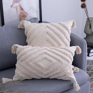 Handmade Boho Tufted Pillow Cover: Cream Cotton Cushion with Tassels