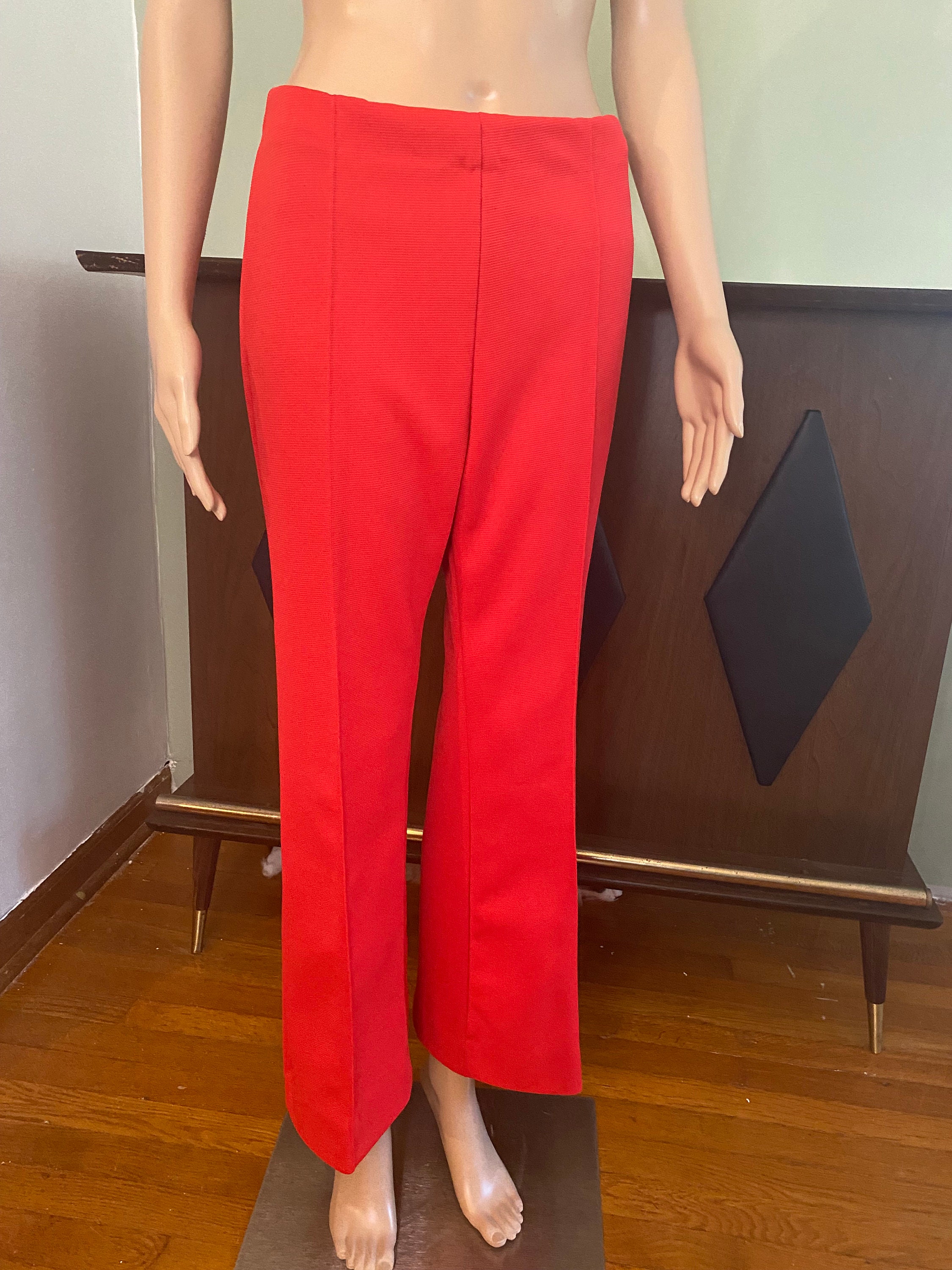 Red Polyester Straight Leg Pleated 