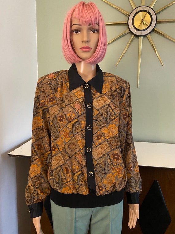 80s deadstock black and gold blouse