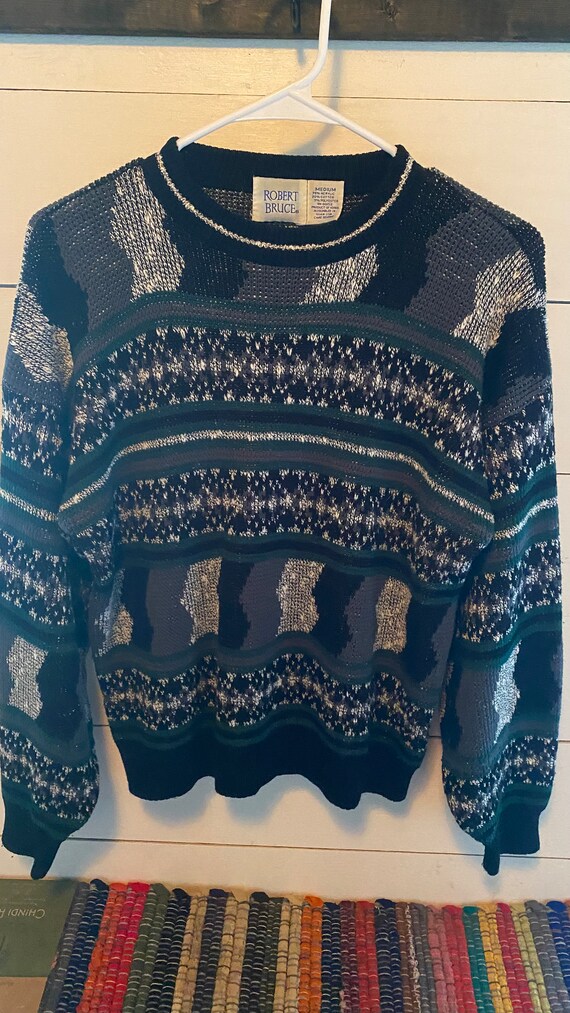 Blue Wool Geometric Knit Sweater