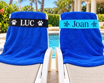 Personalized Towel Band, Beach Chair Towel Strap, Custom Pool Chair Name Band, Vacation Gift, Resort & Cruise Accessory