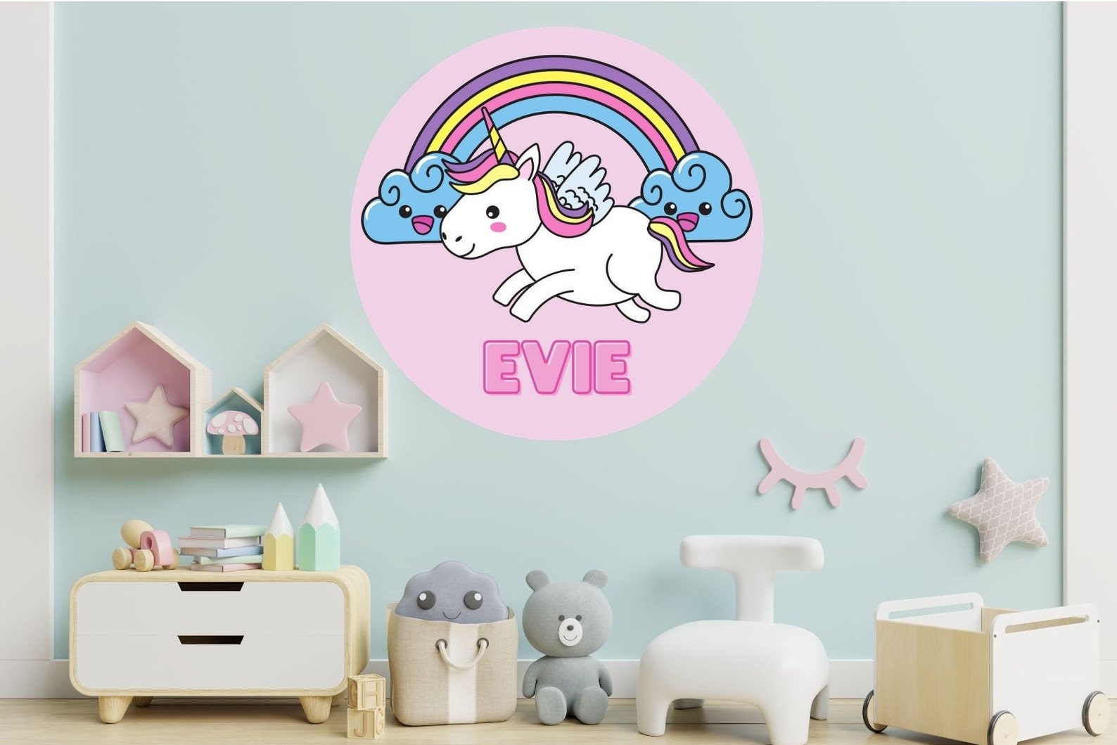 Personalized Wall Decal With Name Rainbow And Unicorn Custom Etsy