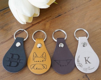 Personalized Engraved Key Ring, Custom Dog Ear Keychain, Vegan Leather Key Fob, Birthday Gift For Her, Gift For Him, Dog lovers Unique gift