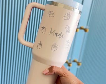 Personalized Strawberry Tumbler With Handle, 40oz Insulated Cup, Christmas Birthday Gift For Her, Berry Coquette Custom Wrap Water bottle