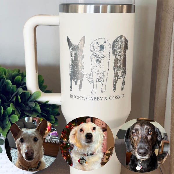Custom Dog Photo Tumbler With Handle, Personalized Gifts for Dog Mom, Insulated 40oz Cup, Dogs Portrait Sketch Cups, Pet Picture Mug