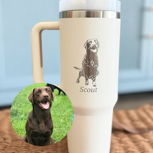 Custom Dog Photo Tumbler With Handle, Personalized Gifts for Dog Mom, Insulated 40oz Cup, Dogs Portrait Sketch Cups, Pet Picture Mug