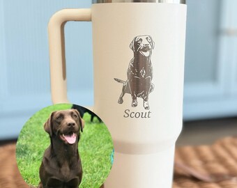 Custom Dog Photo Tumbler With Handle, Personalized Gifts for Dog Mom, Insulated 40oz Cup, Dogs Portrait Sketch Cups, Pet Picture Mug